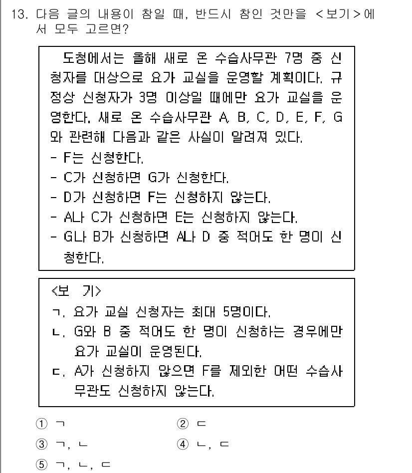 PSAT_언어논리 2021년 13번 - 주어진 문제에서 F, C, D, A, B의 신청 조건을 고려할 때, '3... 에 관한 핵심 기출문제