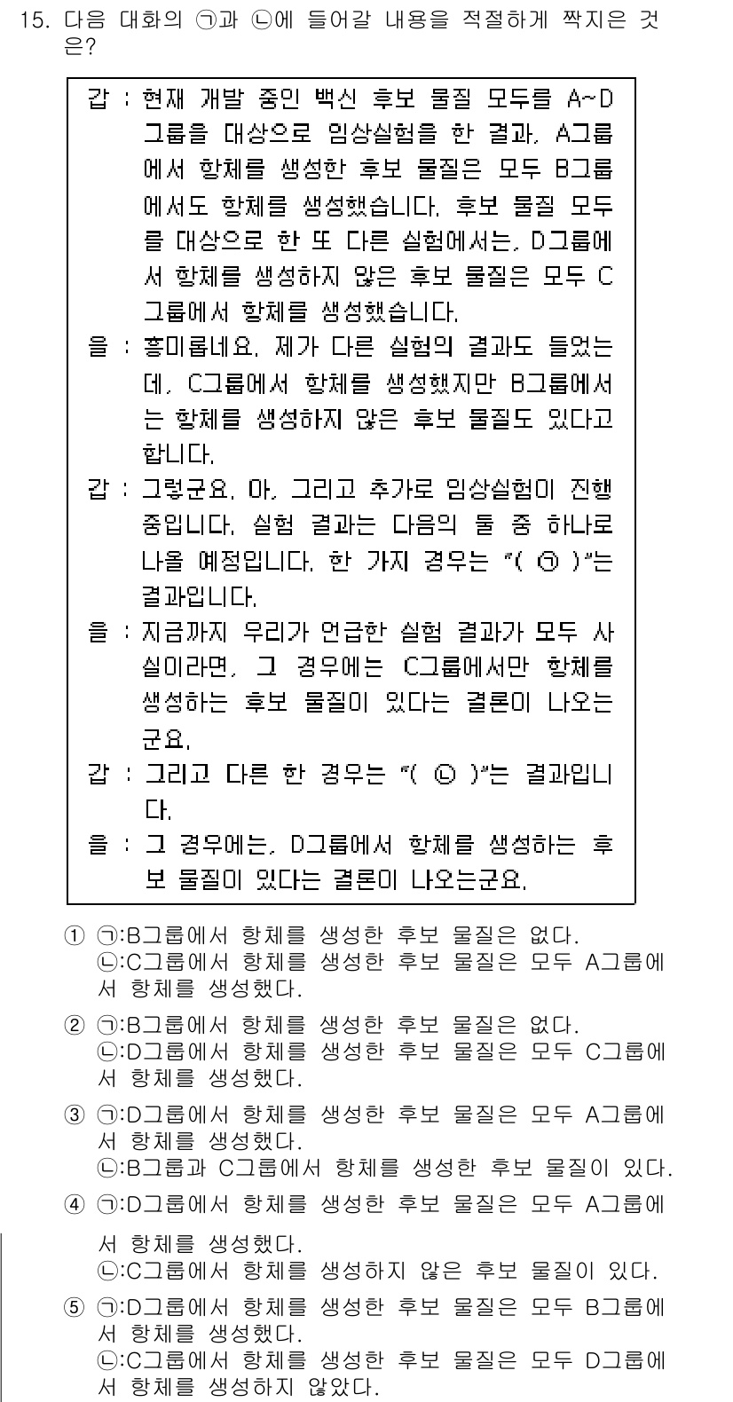 PSAT_언어논리 2021년 15번 - 정답 '4'는 대화에서 언급된 조건에 부합합니다. 발화자는 D 그룹에서 ... 에 관한 핵심 기출문제