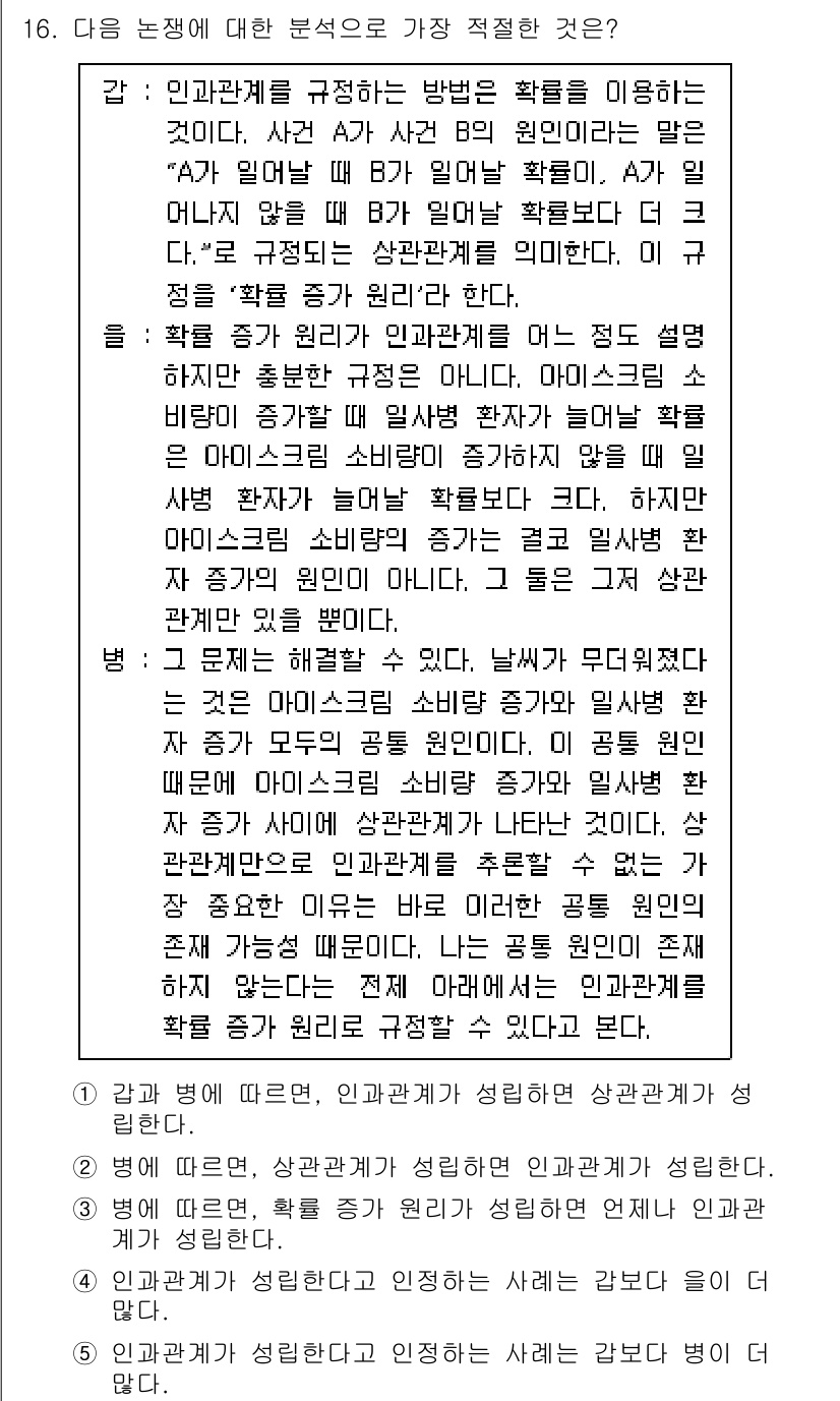 PSAT_언어논리 2021년 16번 - 주어진 논쟁에서, '갑'은 인과관계를 규명할 때 확률을 사용하는 방법을 ... 에 관한 핵심 기출문제