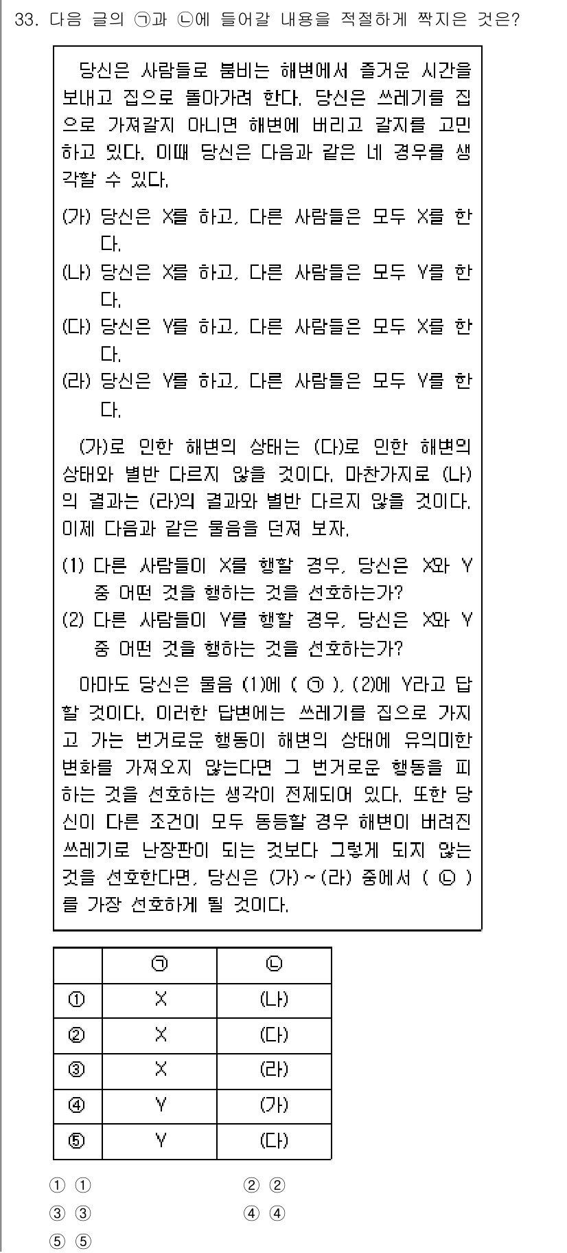 PSAT_언어논리 2021년 33번 - 주어진 문제에서 당신이 다른 사람들과 같은 행동을 취할 경우, 당신이 선... 에 관한 핵심 기출문제