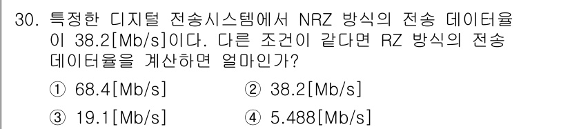 정보통신기능사 2020년 30번 - NRZ(Non-Return-to-Zero) 방식의 데이터 전송 속도는 신... 에 관한 핵심 기출문제