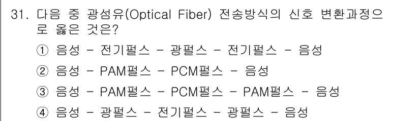 정보통신기능사 2020년 31번 - 광섬유 전송 방식에서는 전기신호가 광신호로 변환된 후 다시 전기신호로 변... 에 관한 핵심 기출문제