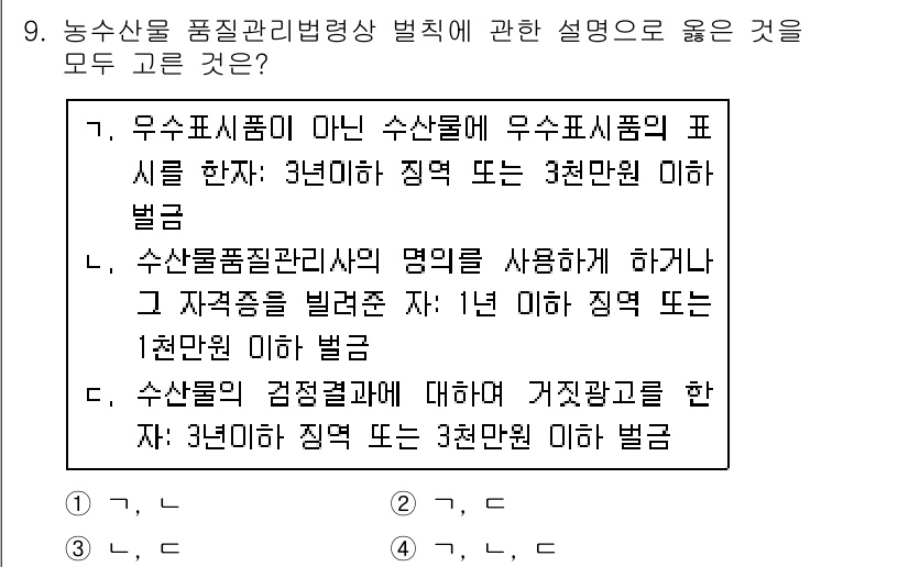 수산물품질관리사_1차 2017년 9번 - 농수산물 품질관리법의 벌칙에 관한 설명은 각각의 사례에서 제시된 내용이 ... 에 관한 핵심 기출문제