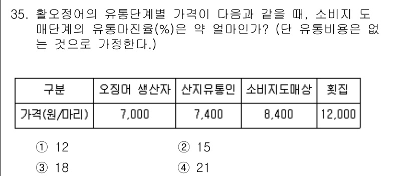 수산물품질관리사_1차 2018년 35번 - 유통마진율은 소비자가격에서 매입가를 뺀 후 매입가로 나눈 비율로 계산됩니... 에 관한 핵심 기출문제