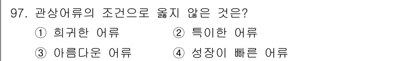 수산물품질관리사_1차 2018년 97번 - 관상어의 조건으로 '성장이 빠른 어류'는 적합하지 않습니다. 관상어는 주... 에 관한 핵심 기출문제