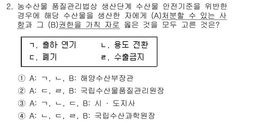 수산물품질관리사_1차 2019년 2번 - 수산물 품질 관리와 관련된 다양한 기관과 절차를 이해하는 것이 중요합니다... 에 관한 핵심 기출문제