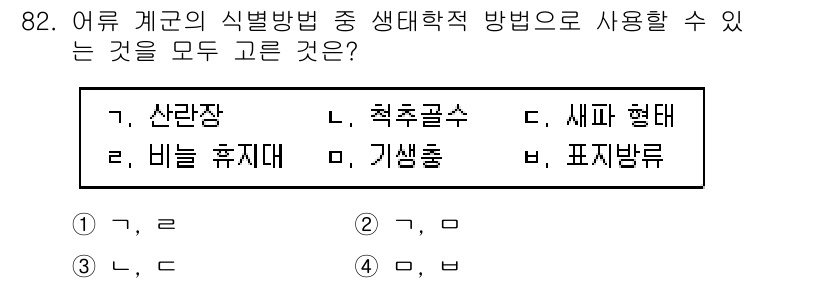 수산물품질관리사_1차 2019년 82번 - 어류 계군의 식별방법 중 생태학적 방법에는 자연 환경에서의 서식지와 생태... 에 관한 핵심 기출문제