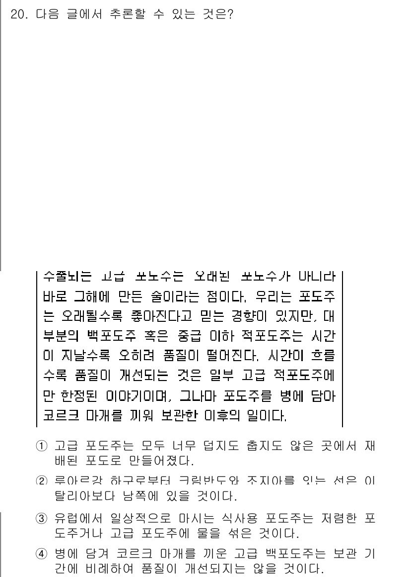 9급_지방직_공무원_국어 2021년 20번 - 주어진 글에서 언급된 '포도주'의 품질 관련 내용으로 볼 때, 고급 포도... 에 관한 핵심 기출문제