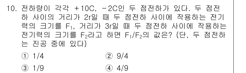 9급_지방직_공무원_과학 2021년 10번 - 전하량에 따른 전기력의 크기는 쿨롱의 법칙에 따라 거리의 제곱에 반비례합... 에 관한 핵심 기출문제