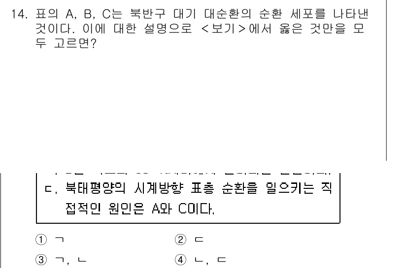 9급_지방직_공무원_과학 2021년 14번 - 주어진 문제에서 A, B, C는 북반구 대기 대순환의 순환 세포를 나타내... 에 관한 핵심 기출문제