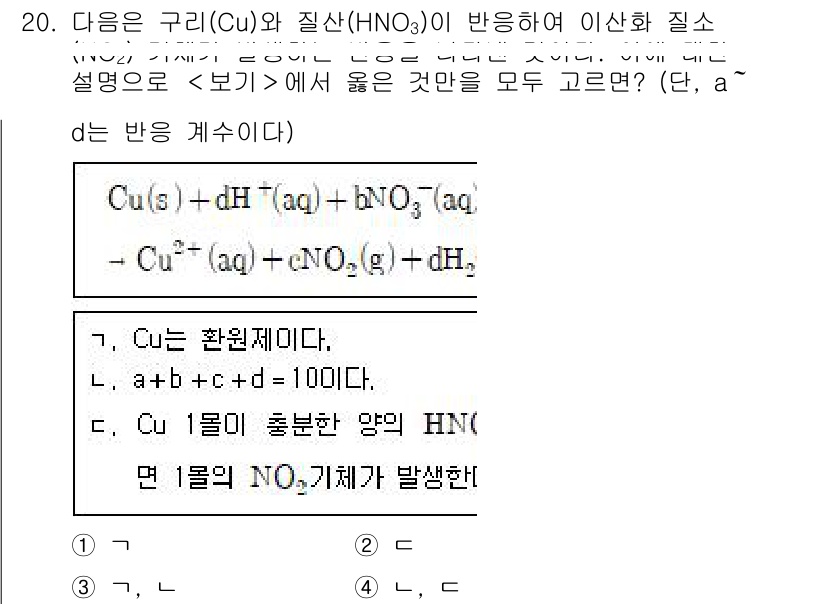 9급_지방직_공무원_과학 2021년 20번 - 이 문제는 구리(Cu)와 질산(HNO₃)의 반응에 대한 화학적 이해를 요... 에 관한 핵심 기출문제