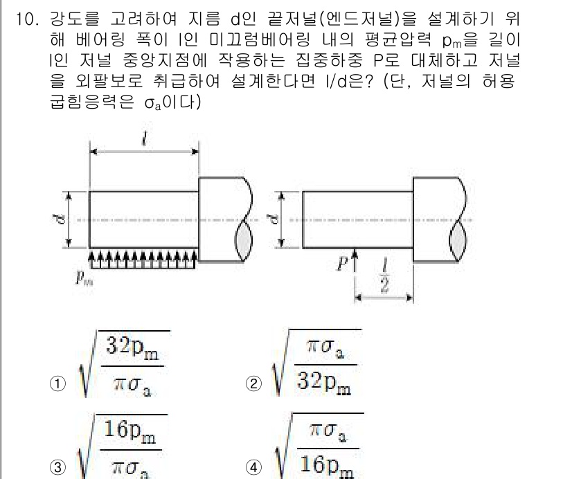 9급_지방직_공무원_기계설계 2021년 10번 - 문제에서 요구하는 것은 저널의 설계를 위한 길이 l과 지름 d의 비율을 ... 에 관한 핵심 기출문제