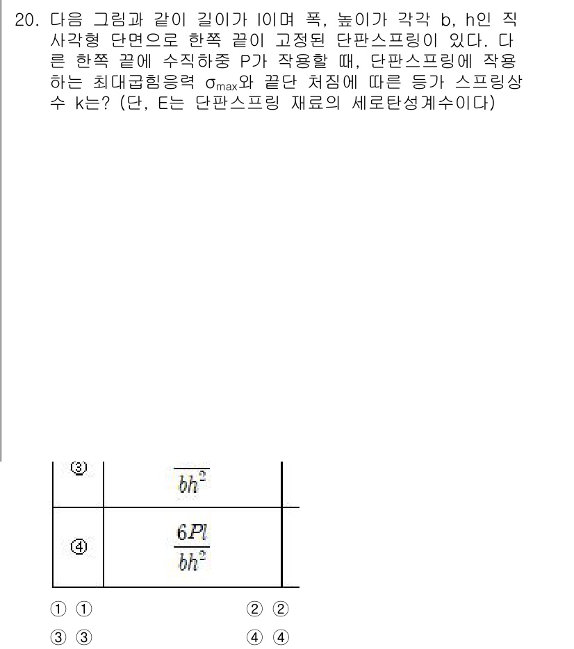 9급_지방직_공무원_기계설계 2021년 20번 - 단판 스프링의 스프링 상수 \( k \)는 스프링에 작용하는 최대응력 \... 에 관한 핵심 기출문제