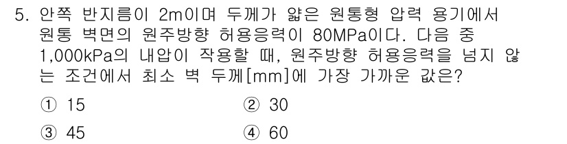 9급_지방직_공무원_기계설계 2021년 5번 - 주어진 문제는 원통형 압력 용기에서 발생하는 허용 응력과 관련됩니다. 압... 에 관한 핵심 기출문제