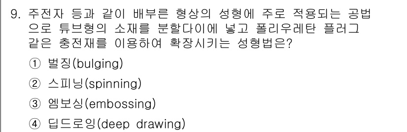 9급_지방직_공무원_기계일반 2021년 9번 - 주어진 문제에서 '벌징(bulging)'은 튜브형 소재를 이용해 형태를 ... 에 관한 핵심 기출문제