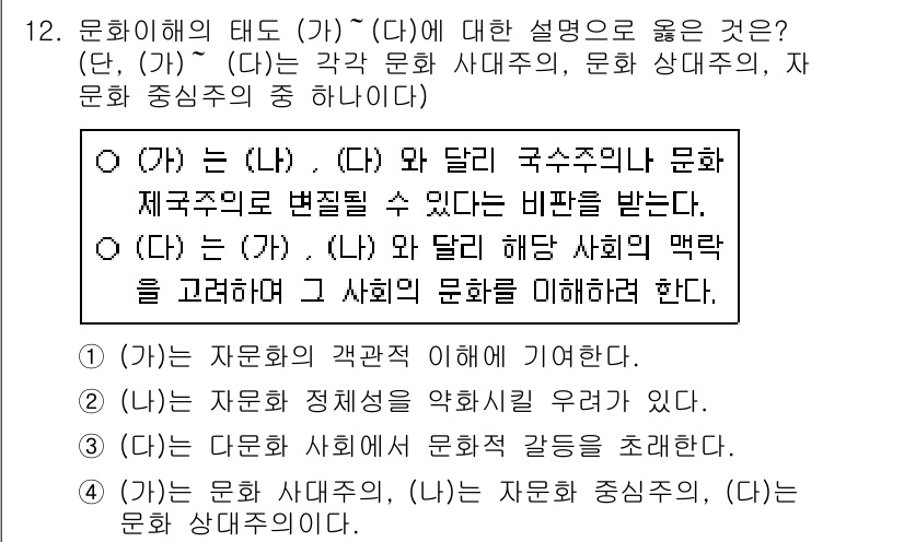 9급_지방직_공무원_사회 2021년 12번 - 정답 '2'는 문화 이해의 태도가 자문화와 타문화의 관점에서 균형을 이루... 에 관한 핵심 기출문제
