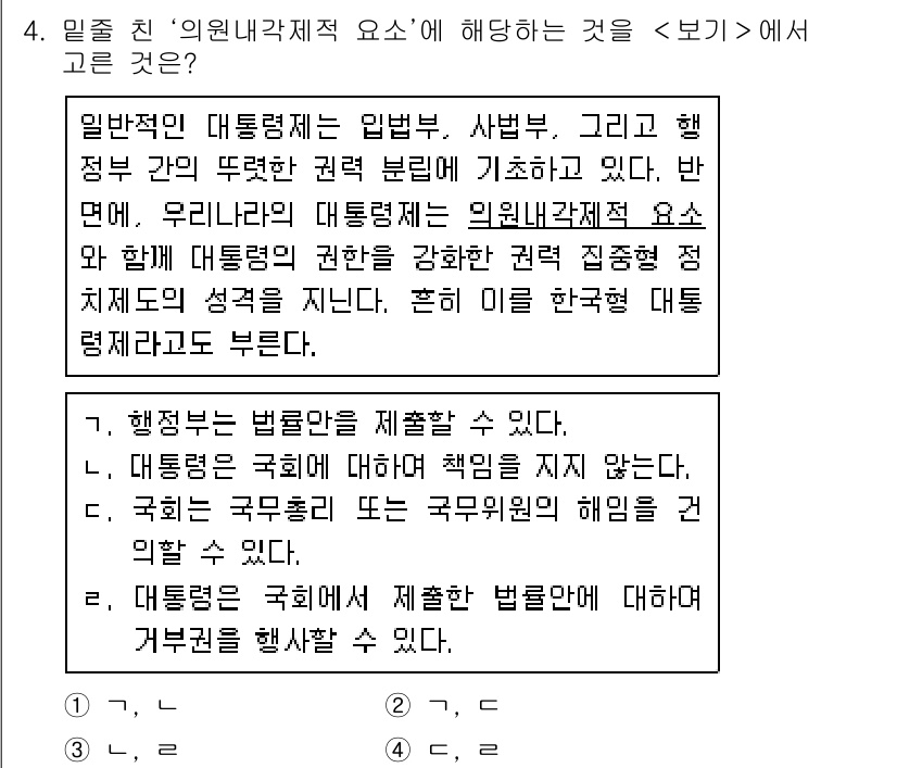 9급_지방직_공무원_사회 2021년 4번 - 주어진 문제는 '의원내각제적 요소'에 대한 설명과 관련이 있습니다. 2번... 에 관한 핵심 기출문제