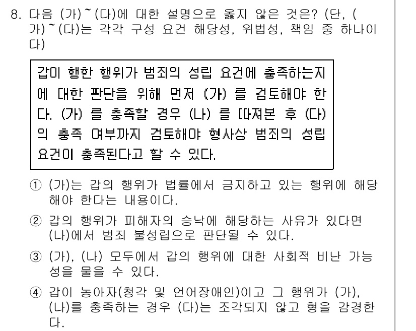 9급_지방직_공무원_사회 2021년 8번 - 주어진 문제에서 (가)와 (나)는 각각 범죄의 성립 요건과 관련된 설명입... 에 관한 핵심 기출문제