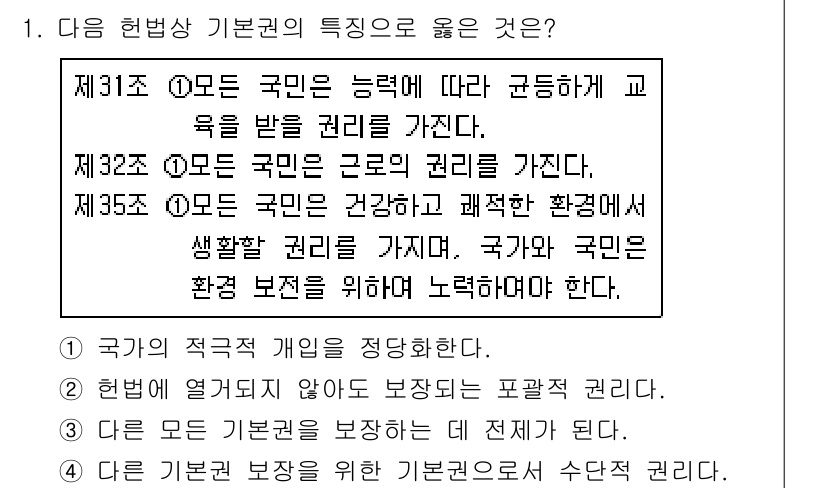 9급_지방직_공무원_사회복지학개론 2021년 1번 - 정답 '1'은 국가의 책임을 강조하며, 모든 국민이 보장받아야 하는 권리... 에 관한 핵심 기출문제
