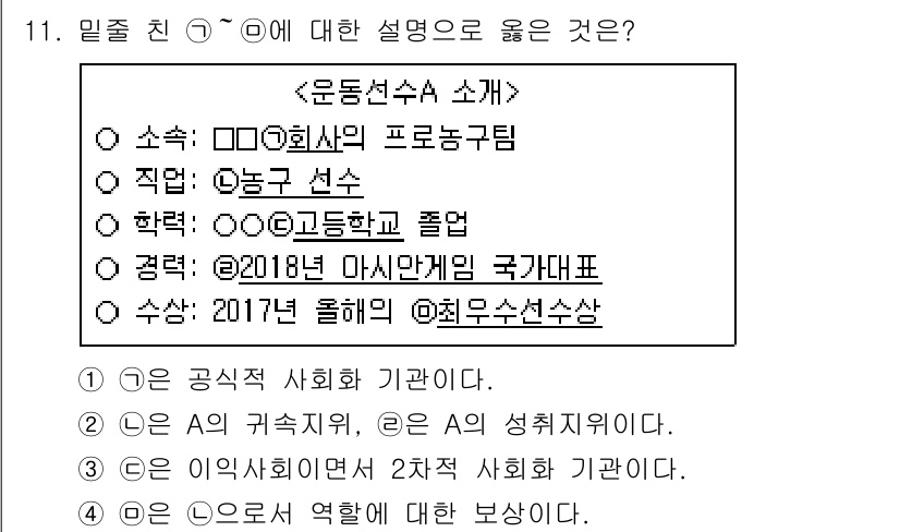 9급_지방직_공무원_사회복지학개론 2021년 11번 - 주어진 정보에서 '운동선수 A'는 특정한 직업과 성과, 교육 배경을 가지... 에 관한 핵심 기출문제