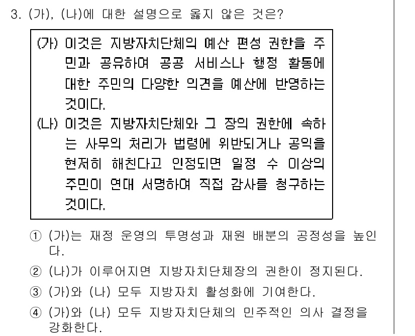 9급_지방직_공무원_사회복지학개론 2021년 3번 - 정답 '2'의 이유는 (나) 설명이 지방자치단체의 권한 관련으로, 사무 ... 에 관한 핵심 기출문제
