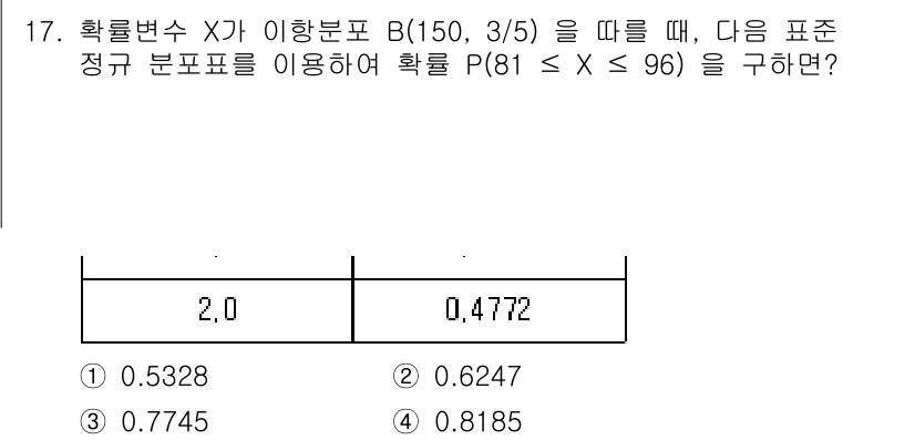9급_지방직_공무원_수학 2021년 17번 - 주어진 문제에서 확률변수 X가 이항분포 B(150, 3/5)를 따르고, ... 에 관한 핵심 기출문제