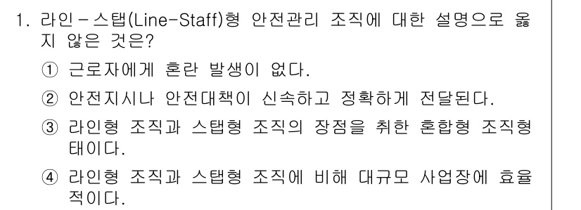9급_지방직_공무원_안전관리론 2021년 1번 - 라인-스탭(Line-Staff)형 안전관리 조직에서 "근로자에게 혼란 발... 에 관한 핵심 기출문제