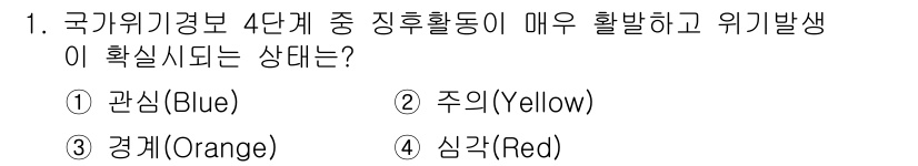 9급_지방직_공무원_재난관리론 2021년 1번 - 국가위기경보 4단계에서 '심각(Red)' 상태는 재난 발생 가능성이 매우... 에 관한 핵심 기출문제