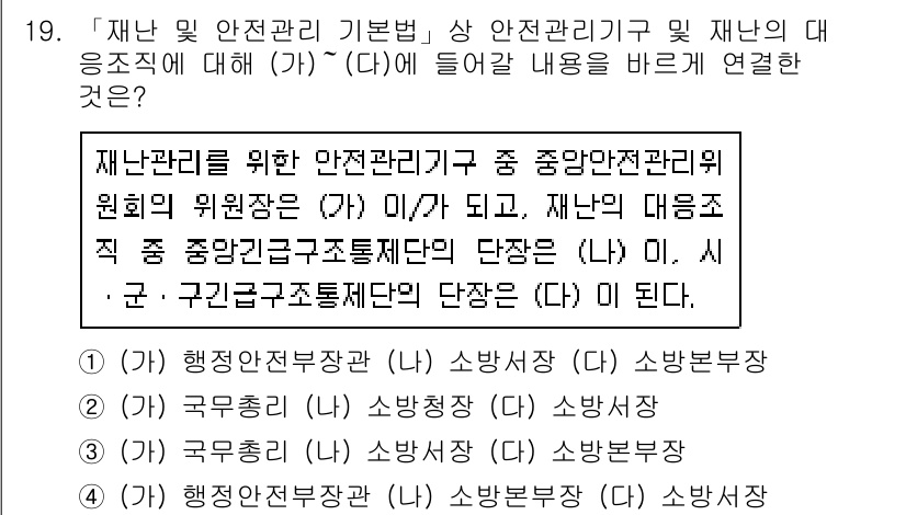 9급_지방직_공무원_재난관리론 2021년 19번 - 재난관리를 위한 안전관리기구에서 원회의 위원장은 행정안전부장관이 맡고, ... 에 관한 핵심 기출문제