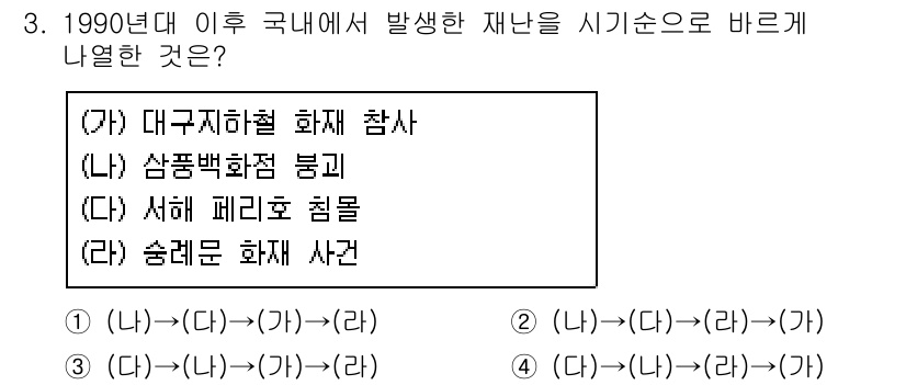 9급_지방직_공무원_재난관리론 2021년 3번 - 정답 '3'은 1990년대 이후 발생한 재난을 시기순으로 나열한 것입니다... 에 관한 핵심 기출문제