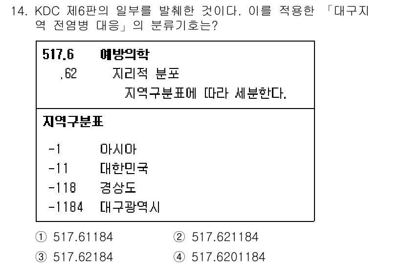 9급_지방직_공무원_자료조직개론 2021년 14번 - '대구 지역 전염병 대응'의 분류기호는 '517.621184'입니다. 이... 에 관한 핵심 기출문제