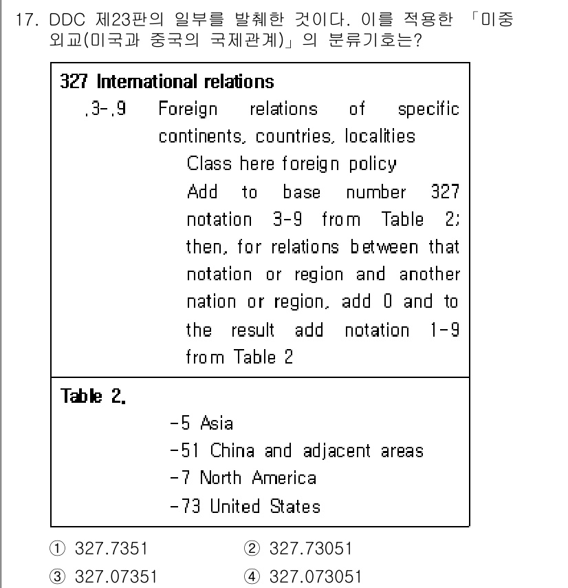 9급_지방직_공무원_자료조직개론 2021년 17번 - 정답 '2'인 이유는, DDC 327 국제 관계에서 미국과 중국 간의 외... 에 관한 핵심 기출문제
