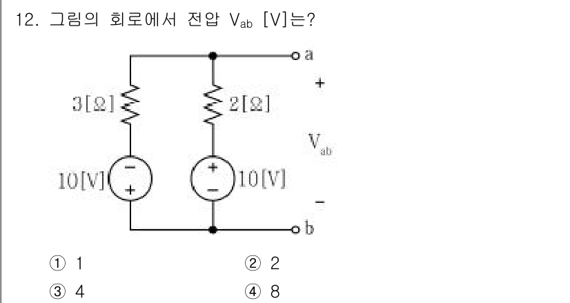 9급_지방직_공무원_전기이론 2021년 12번 - 회로에서 전압 \( V_{ab} \)는 두 개의 전압원과 저항으로 구성된... 에 관한 핵심 기출문제