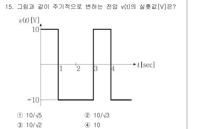 9급_지방직_공무원_전기이론 2021년 15번 - 주어진 문제에서 전압 \( v(t) \)의 주기파형은 10V에서 -10V... 에 관한 핵심 기출문제