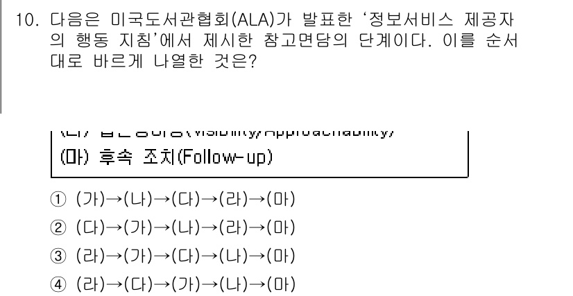 9급_지방직_공무원_정보봉사개론 2021년 10번 - 주어진 문제는 ALA가 제시한 정보 서비스 제공자의 행동 지침의 단계에 ... 에 관한 핵심 기출문제