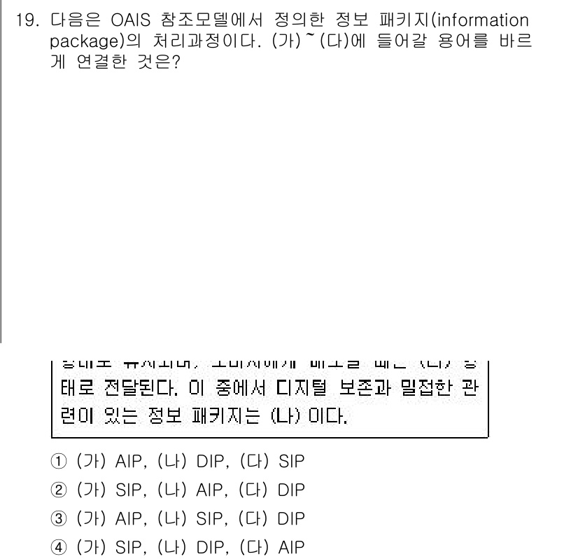 9급_지방직_공무원_정보봉사개론 2021년 19번 - OAIS 모델에서 정보 패키지의 처리 과정은 다음과 같이 연결됩니다. (... 에 관한 핵심 기출문제
