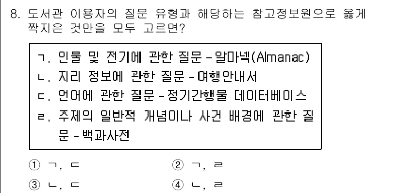 9급_지방직_공무원_정보봉사개론 2021년 8번 - 주어진 문제에서 도서관 이용자의 질문 유형과 관련된 참고 자료를 묻고 있... 에 관한 핵심 기출문제