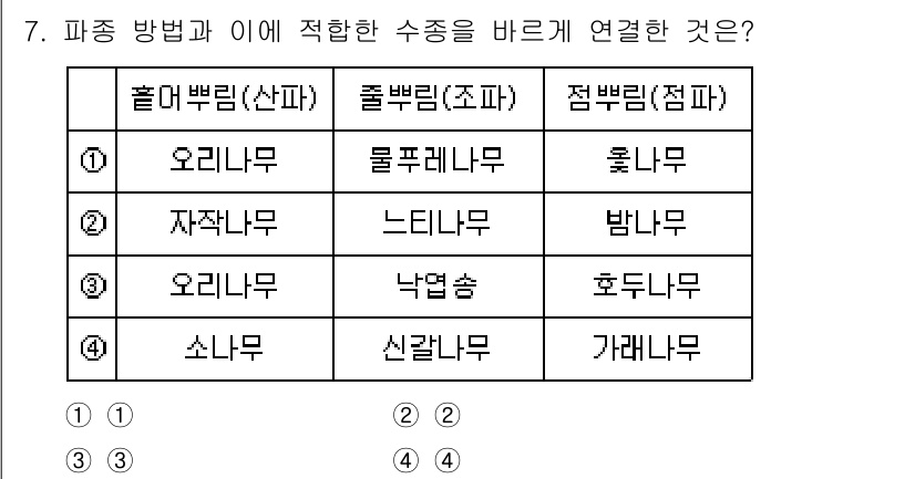 9급_지방직_공무원_조림 2021년 7번 - '2'번이 정답인 이유는 '자작나무'와 '느티나무' 모두 '풀어 뿌림(산... 에 관한 핵심 기출문제