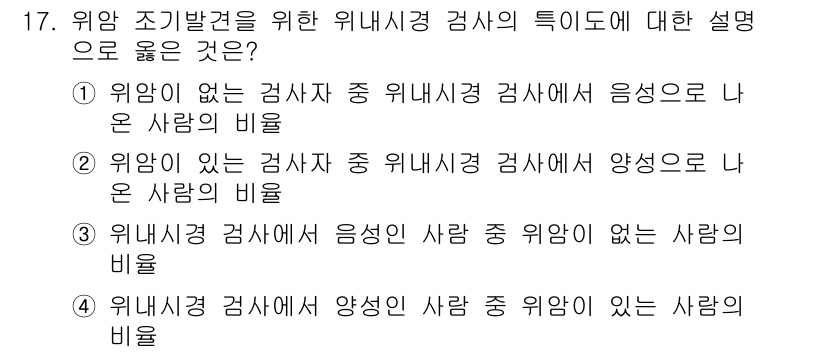 9급_지방직_공무원_지역사회간호학 2021년 17번 - 위암 조기발견을 위한 위내시경 검사의 특성 중 올바른 설명은 '위암이 없... 에 관한 핵심 기출문제