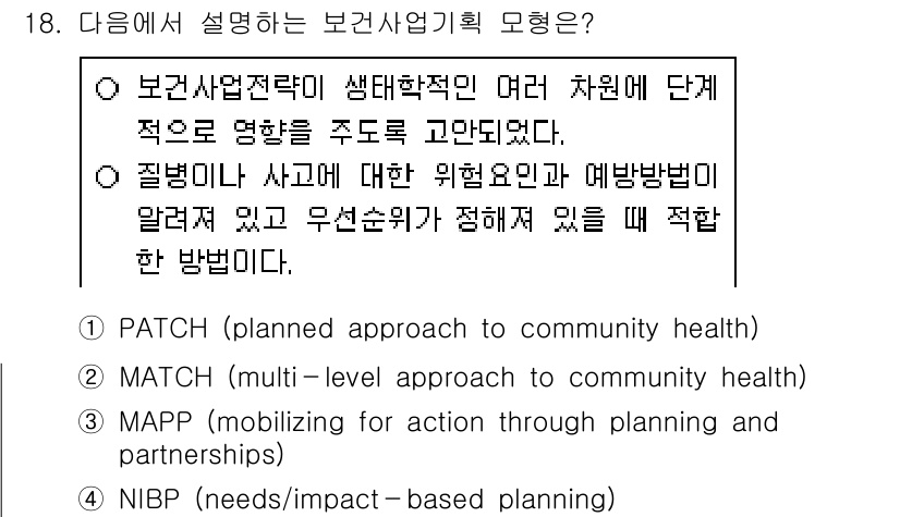 9급_지방직_공무원_지역사회간호학 2021년 18번 - 정답인 '2번 MATCH'는 여러 차원에서 건강 문제를 분석하고 이를 해... 에 관한 핵심 기출문제