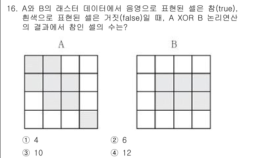9급_지방직_공무원_지적전산학개론 2021년 16번 - A XOR B 연산에서, 각 셀은 두 데이터셋 A와 B에서의 값이 다를 ... 에 관한 핵심 기출문제