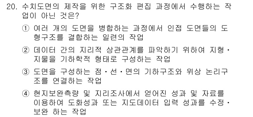 9급_지방직_공무원_지적전산학개론 2021년 20번 - 정답 '4'는 수치도면 제작 과정에서 수행되는 작업이 아닌 것을 묻는 문... 에 관한 핵심 기출문제