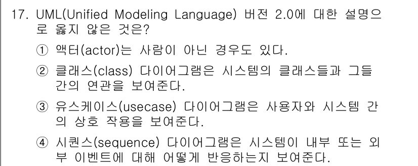 9급_지방직_공무원_컴퓨터일반 2021년 17번 - 시퀀스(sequence) 다이어그램은 시스템의 내부 또는 외부 이벤트에 ... 에 관한 핵심 기출문제