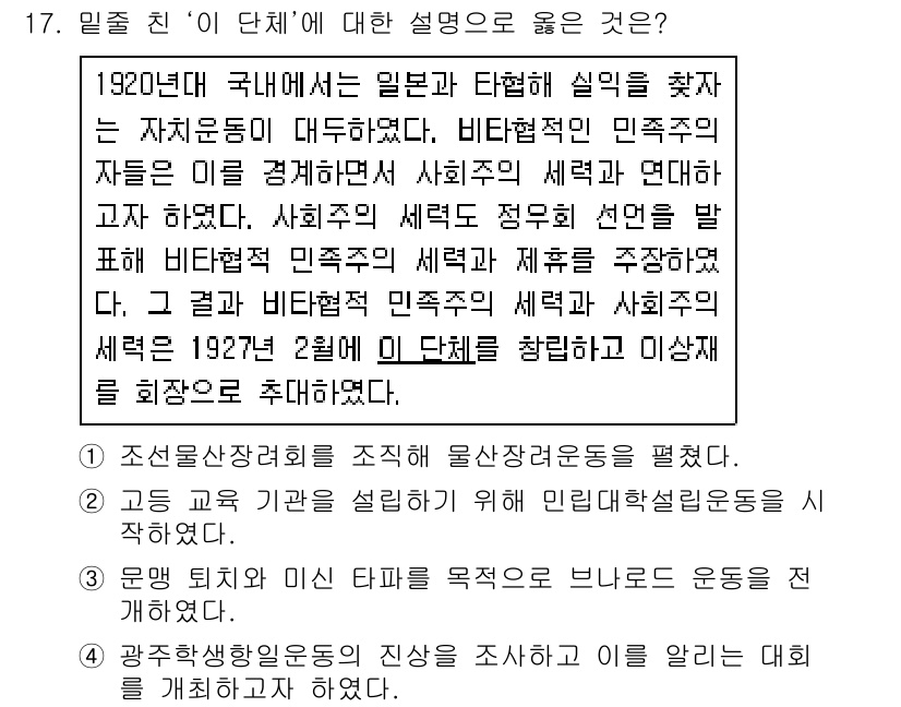 9급_지방직_공무원_한국사 2021년 17번 - 이 단체는 1920년대 비타협적 민족주의 세력과 사회주의 세력이 연대하여... 에 관한 핵심 기출문제