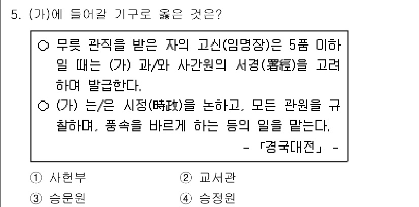 9급_지방직_공무원_한국사 2021년 5번 - 정답 '1'은 사혀부가 맞습니다. 이유는 무관직을 가진 사람의 고신(임명... 에 관한 핵심 기출문제