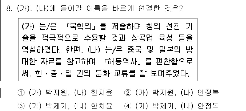 9급_지방직_공무원_한국사 2021년 8번 - 주어진 문장에서는 (가)와 (나)가 각각 '북학의'와 '해동역사'라는 저... 에 관한 핵심 기출문제