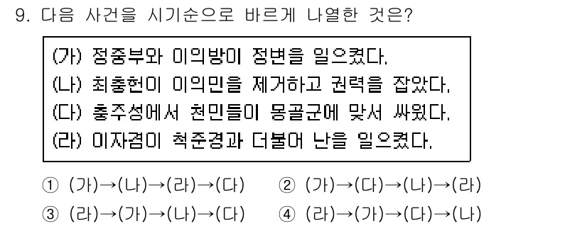 9급_지방직_공무원_한국사 2021년 9번 - 주어진 사건들은 역사적 흐름을 기반으로 순서를 정리해야 합니다. 가장 먼... 에 관한 핵심 기출문제
