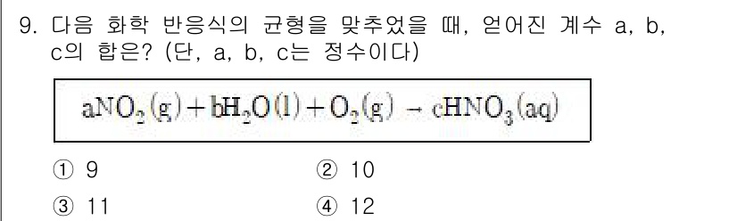 9급_지방직_공무원_화학공학일반 2021년 9번 - 반응식에서 질소 산화물(NO₂), 물(H₂O), 산소(O₂)를 종합하여 ... 에 관한 핵심 기출문제