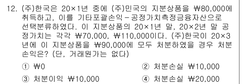 9급_지방직_공무원_회계학 2021년 12번 - 이 문제에서 처분손익을 계산할 때, 한국의 자산을 20×1년에 80,00... 에 관한 핵심 기출문제