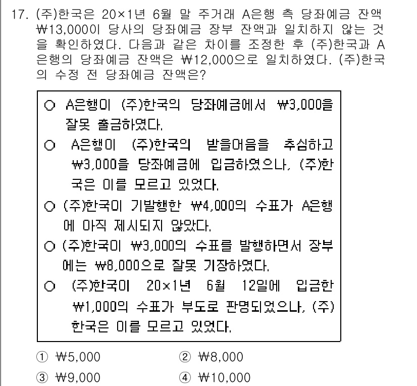 9급_지방직_공무원_회계학 2021년 17번 - 문제에서 제시된 A은행의 당좌예금 잔액이 ₩13,000이고, 이를 조정한... 에 관한 핵심 기출문제